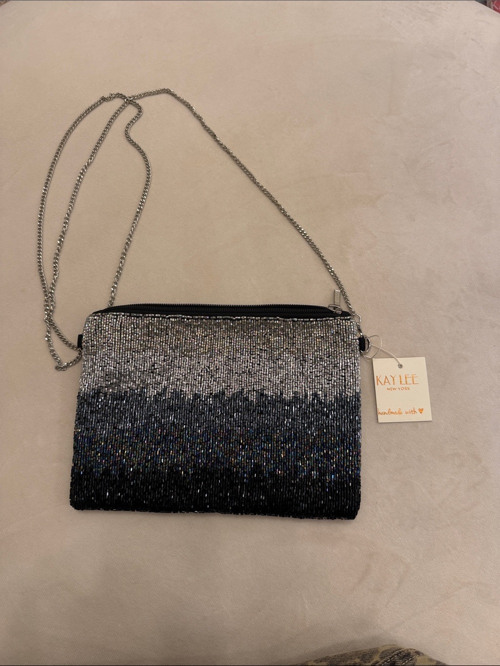 Ombre Beaded Crossbody Bag in Black and Silver